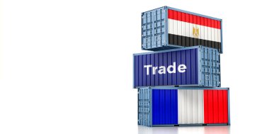 Fransa ve Mısır ulusal bayraklı kargo konteynerleri. 3B Hazırlama