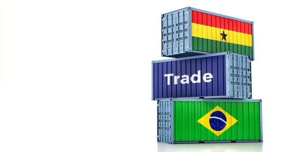 装有巴西和加纳国旗的货物集装箱 3D渲染 — 图库照片
