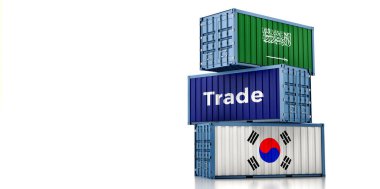 Güney Kore ve Suudi Arabistan ulusal bayraklı kargo konteynerleri. 3B Hazırlama