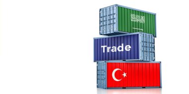 Cargo containers with Turkey and Saudi Arabia national flags. 3D Rendering