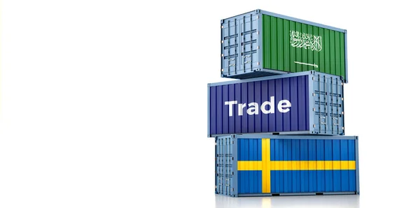 悬挂瑞典和沙特阿拉伯国旗的货物集装箱 3D渲染 — 图库照片
