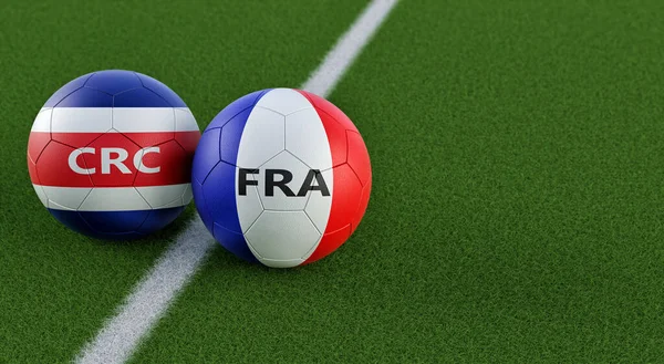 Costa Rica vs. France Soccer Match - Leather balls in Costa Rica and France national colors. 3D Rendering