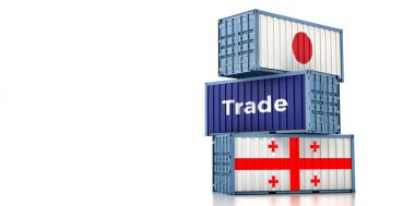 Japonya ve Gürcistan bayraklı kargo konteynerleri. 3B Hazırlama