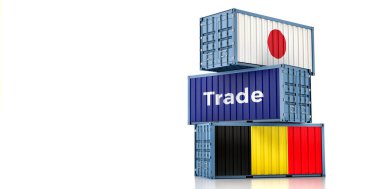 Japonya ve Belçika bayraklı kargo konteynerleri. 3B Hazırlama