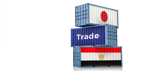 Cargo containers with Japan and Egypt national flags. 3D Rendering