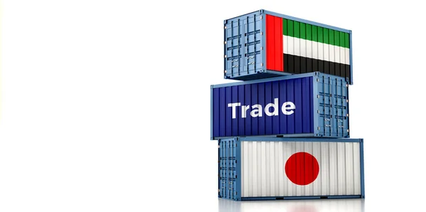 Cargo Containers Japan United Arab Emirates National Flags Rendering — Fotografia de Stock