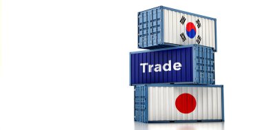 Japonya ve Güney Kore ulusal bayraklı kargo konteynerleri. 3B Hazırlama