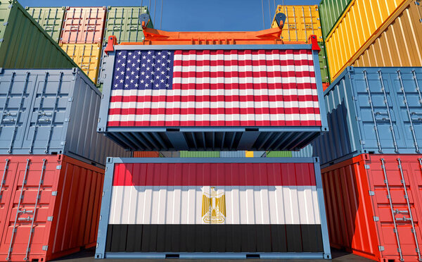 Cargo containers with USA and Egypt national flags. 3D Rendering