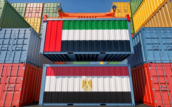 Cargo Containers Egypt United Arab Emirates National Flags Rendering — ストック写真
