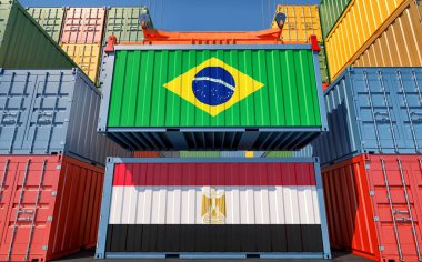 Cargo containers with Egypt and Brazil national flags. 3D Rendering