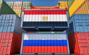 Cargo containers with Egypt and Russia national flags. 3D Rendering