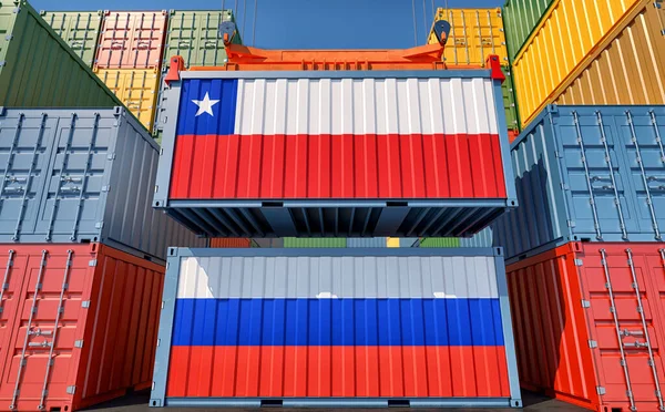 Contenedores Carga Con Banderas Nacionales Chile Rusia Renderizado — Foto de Stock