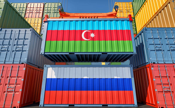 Cargo containers with Russia and Azerbaijan national flags. 3D Rendering