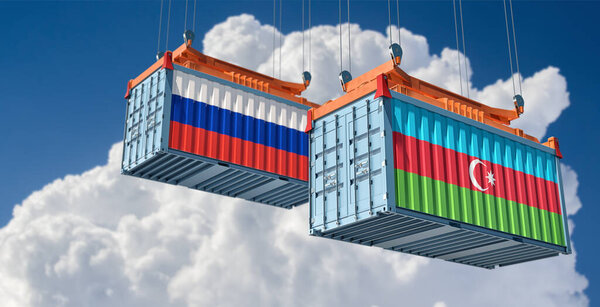 Cargo containers with Russia and Azerbaijan national flags. 3D Rendering
