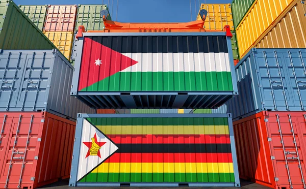 Cargo Containers Jordan Zimbabwe National Flags Rendering — Stockfoto