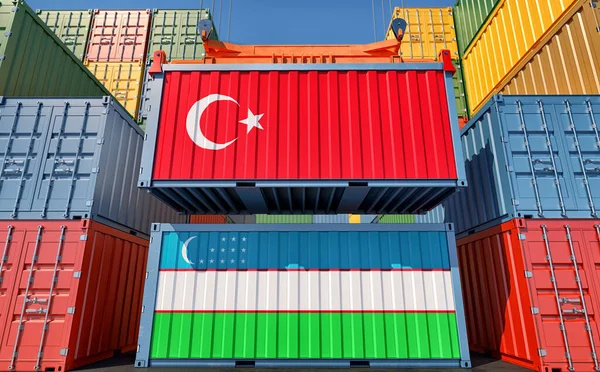 Cargo Containers Uzbekistan Turkey National Flags Rendering — Stockfoto