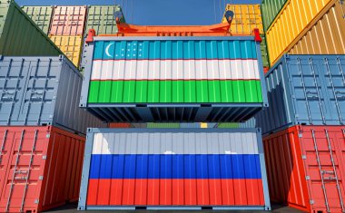 Cargo containers with Uzbekistan and Russia national flags. 3D Rendering
