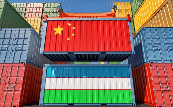 Cargo Containers Uzbekistan China National Flags Rendering Photos De Stock Libres De Droits
