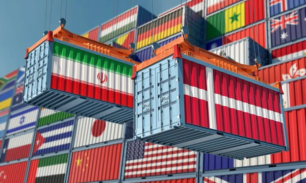 Cargo Containers Iran Denmark National Flags Rendering — ストック写真