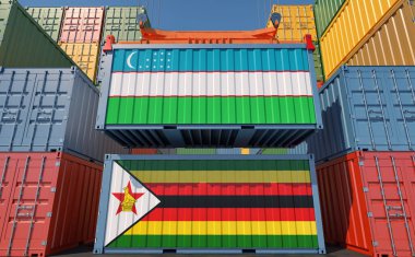 Cargo containers with Uzbekistan and Zimbabwe national flags. 3D Rendering