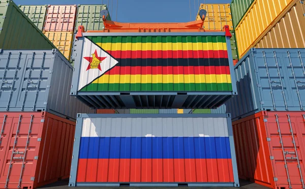 Cargo Containers Russia Zimbabwe National Flags Rendering — Foto de Stock