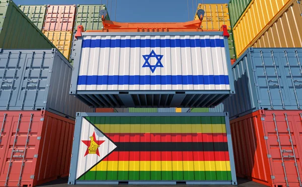 Cargo Containers Israel Zimbabwe National Flags Rendering — Foto de Stock