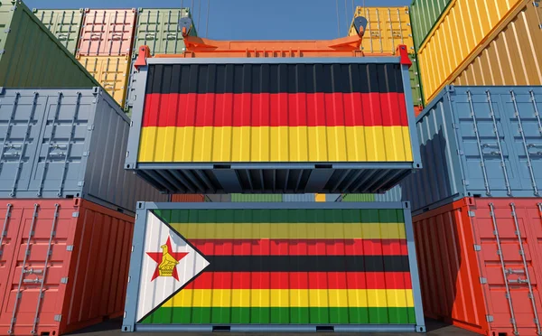 Cargo Containers Germany Zimbabwe National Flags Rendering — Foto Stock