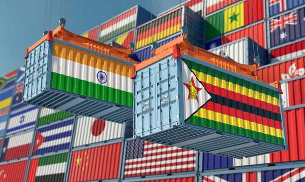 Cargo Containers India Zimbabwe National Flags Rendering — Stockfoto