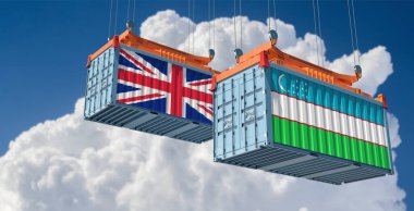 Özbekistan ve Birleşik Krallık bayraklı kargo konteynerleri. 3B Hazırlama