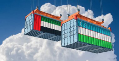 Cargo containers with Uzbekistan and United Arab Emirates national flags. 3D Rendering