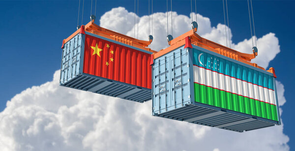 Cargo containers with Uzbekistan and China national flags. 3D Rendering