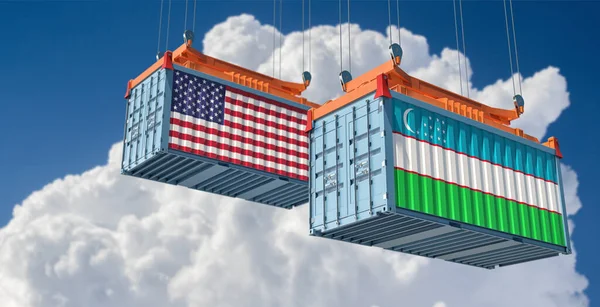 Cargo Containers Uzbekistan Usa National Flags Rendering — ストック写真