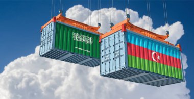 Cargo containers with Saudi Arabia and Azerbaijan national flags. 3D Rendering