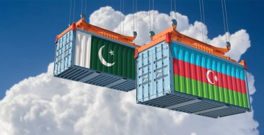 Pakistan ve Azerbaycan ulusal bayraklı kargo konteynerleri. 3B Hazırlama