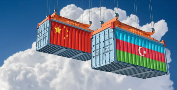 Cargo containers with China and Azerbaijan national flags. 3D Rendering