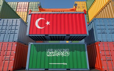 Cargo containers with Saudi Arabia and Turkey national flags. 3D Rendering