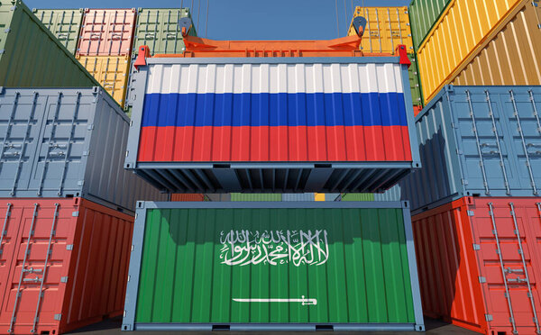 Cargo containers with Saudi Arabia and Russia national flags. 3D Rendering