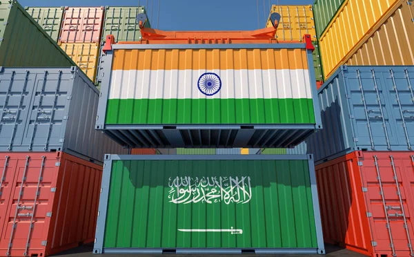 Cargo containers with Saudi Arabia and India national flags. 3D Rendering
