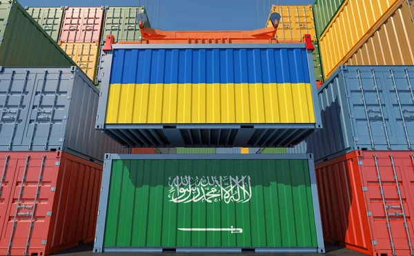 Cargo Containers Saudi Arabia Ukraine National Flags Rendering — Foto de Stock