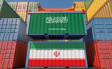 Cargo containers with Iran and Saudi Arabia national flags. 3D Rendering