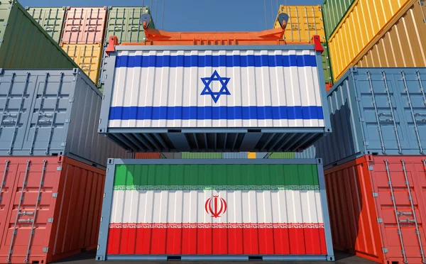 Cargo Containers Iran Israel National Flags Rendering — Foto de Stock