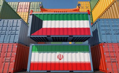 Cargo containers with Iran and Kuwait national flags. 3D Rendering
