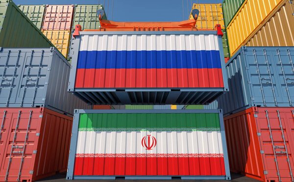 Cargo containers with Iran and Russia national flags. 3D Rendering