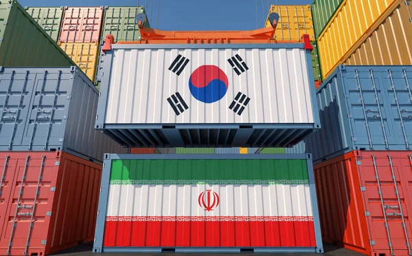 Cargo Containers Iran South Korea National Flags Rendering — Foto de Stock