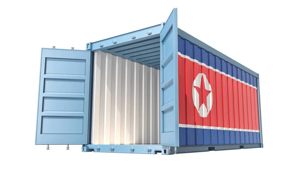 Контейнер Cargo Відкритими Дверима Національний Прапор Північної Кореї Рендерінг — стокове фото