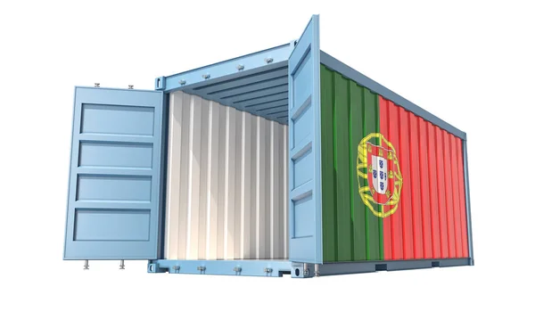 Контейнер Cargo Відкритими Дверима Португальським Національним Прапором Рендерінг — стокове фото