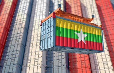 Cargo Container with Myanmar national flag design. 3D Rendering