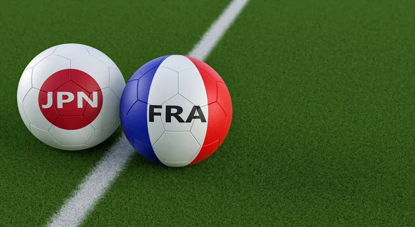 France vs. Japan Soccer Match - Leather balls in France and Japan national colors. 3D Rendering