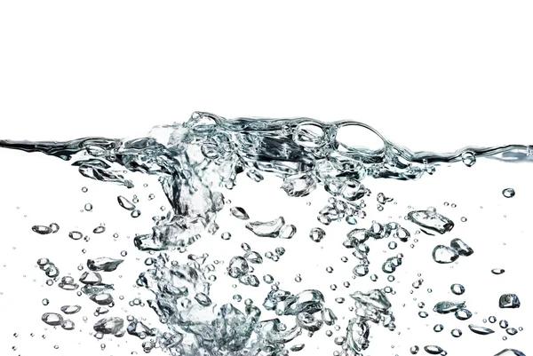 En skvätt vatten, droppar och bubblor på en vit bakgrund — Stockfoto