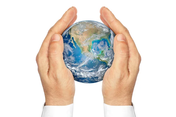 Mani che tengono isolato il pianeta Terra su uno sfondo bianco. "Elementi di questa immagine forniti dalla NASA ". — Foto Stock